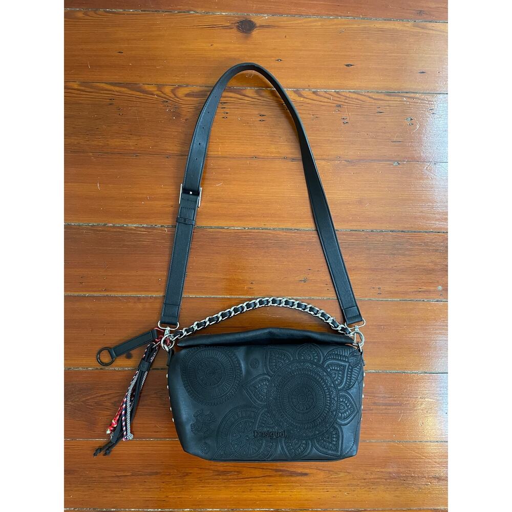 Desigual Black Embossed Mandala Chain Crossbody Shoulder Bag Tassel Boho